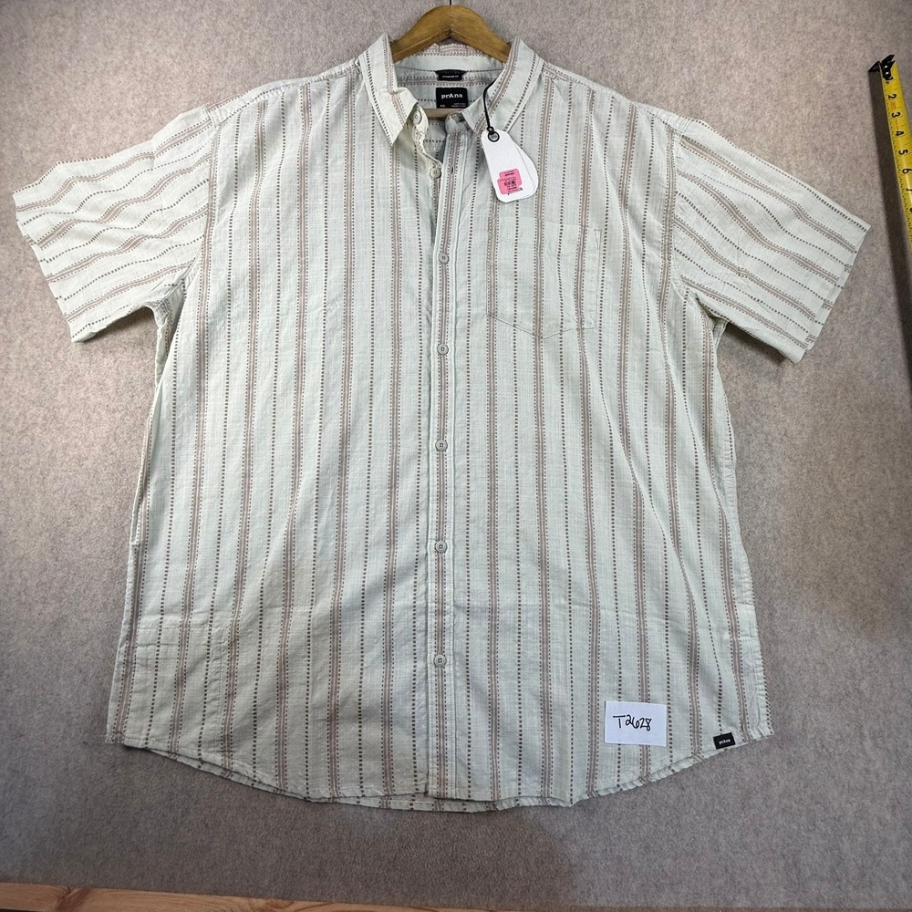 NWT Prana Mens XXL Short Sleeve Button Down Shirt Striped Standard Fit Cream